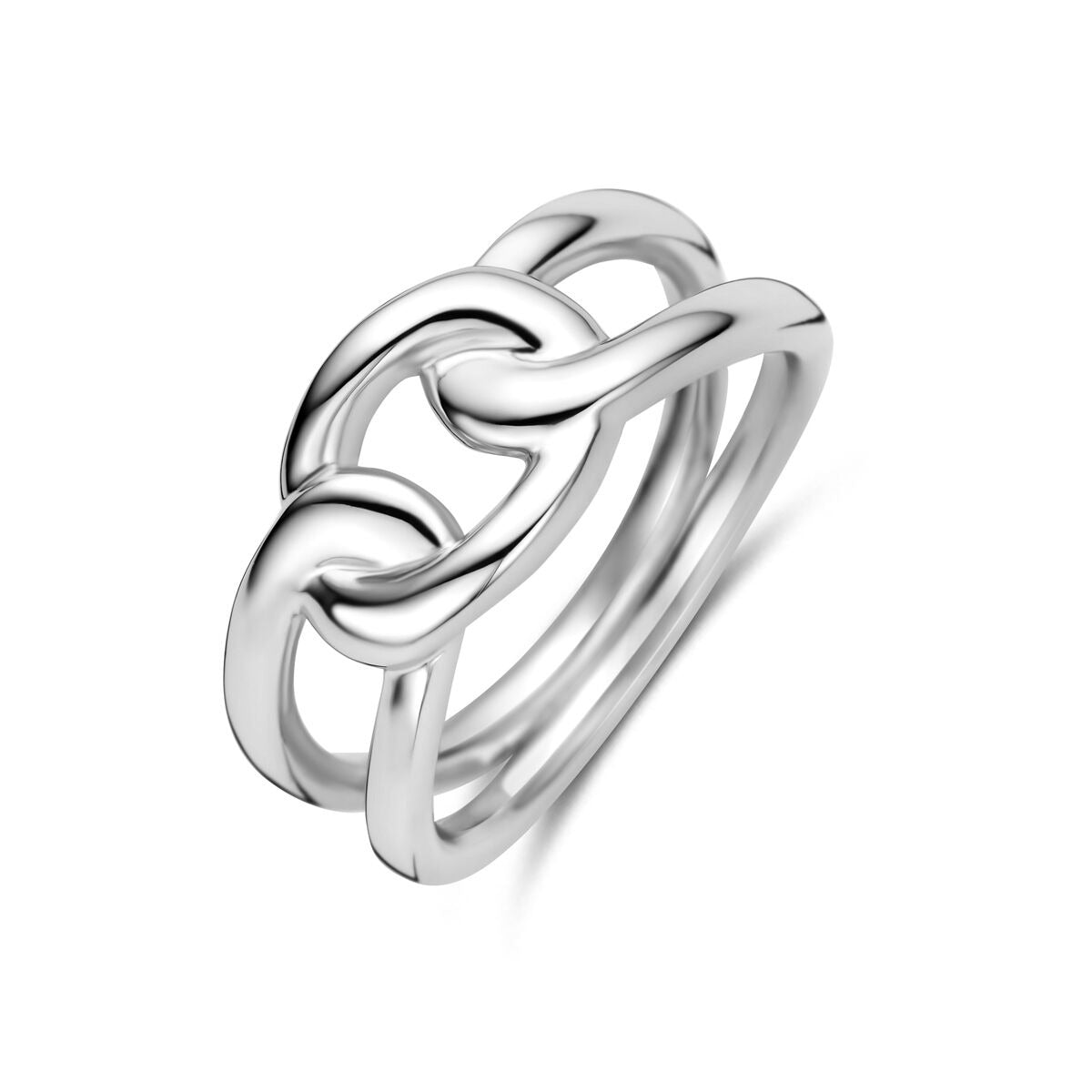 Gerhodineerde 925 zilveren unisex ring met een gevlochten ontwerp en glanzende afwerking.