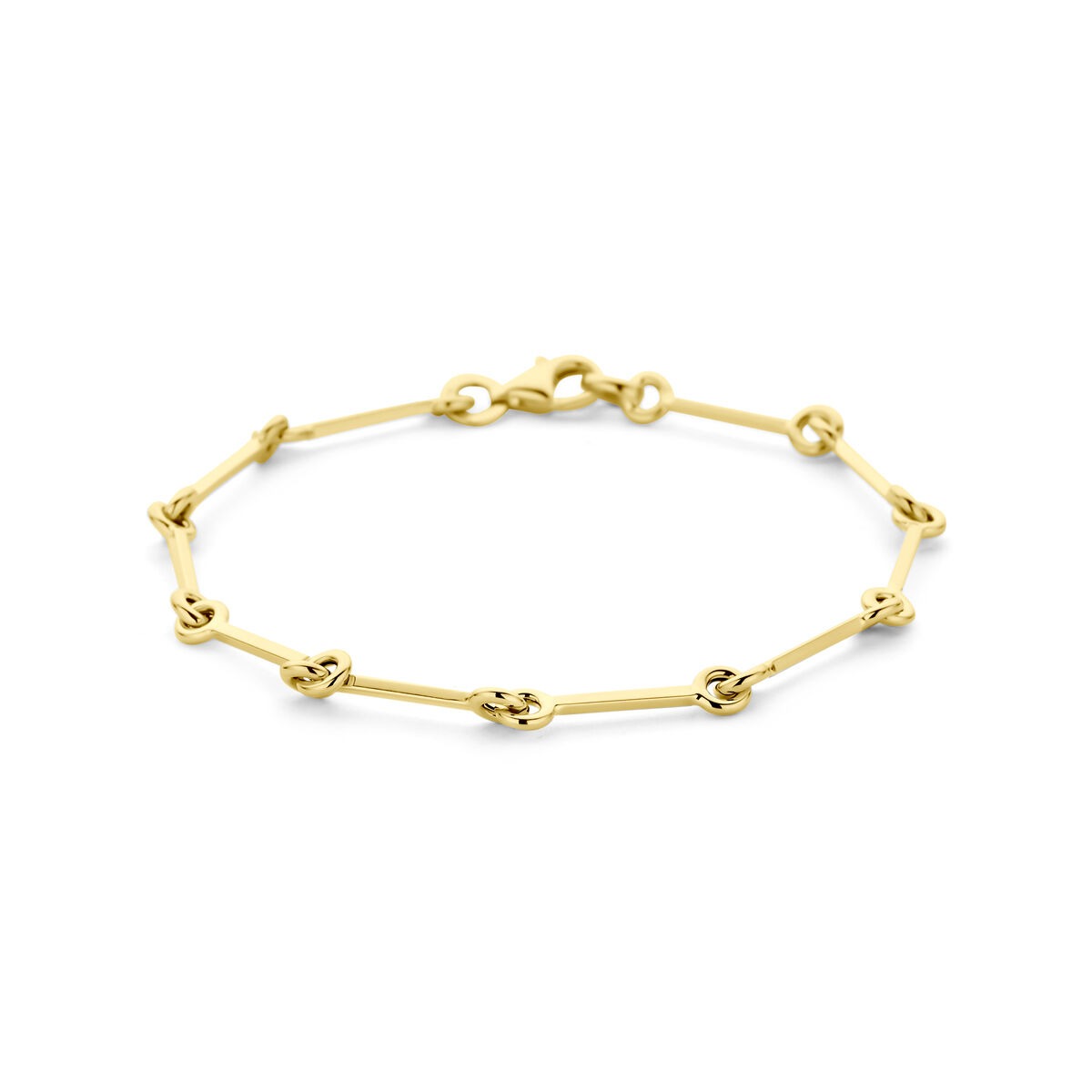 Bracciale in oro 14k con maglie a forma di nodo.