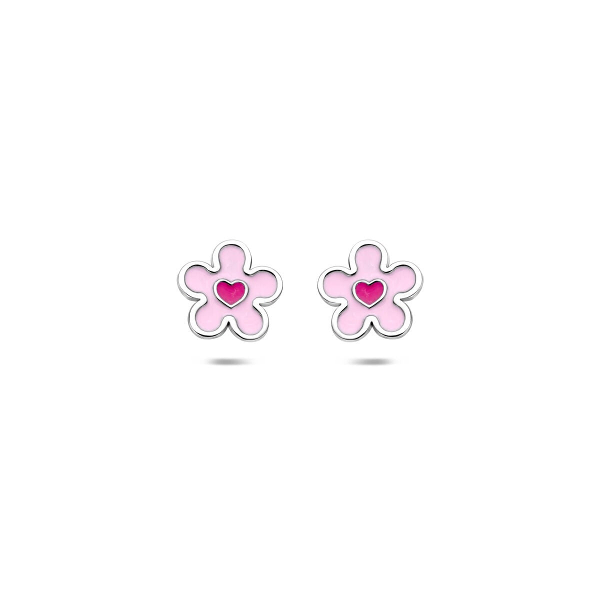 Orecchini a forma di fiore con cuore, in argento 925 rodiato e smalto rosa.