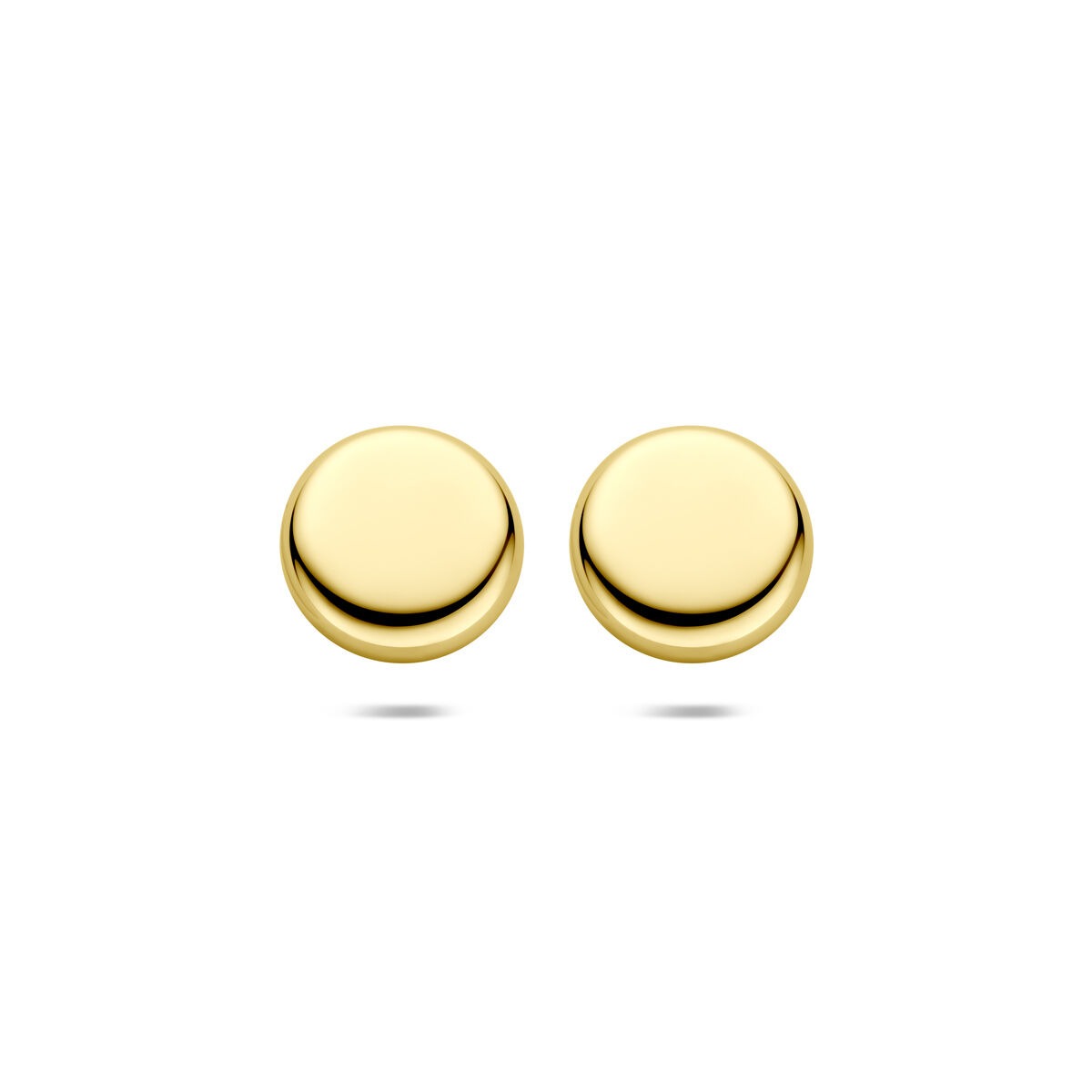Orecchini in oro giallo 14k con diametro di 10 mm, dalla forma rotonda e finitura lucida.