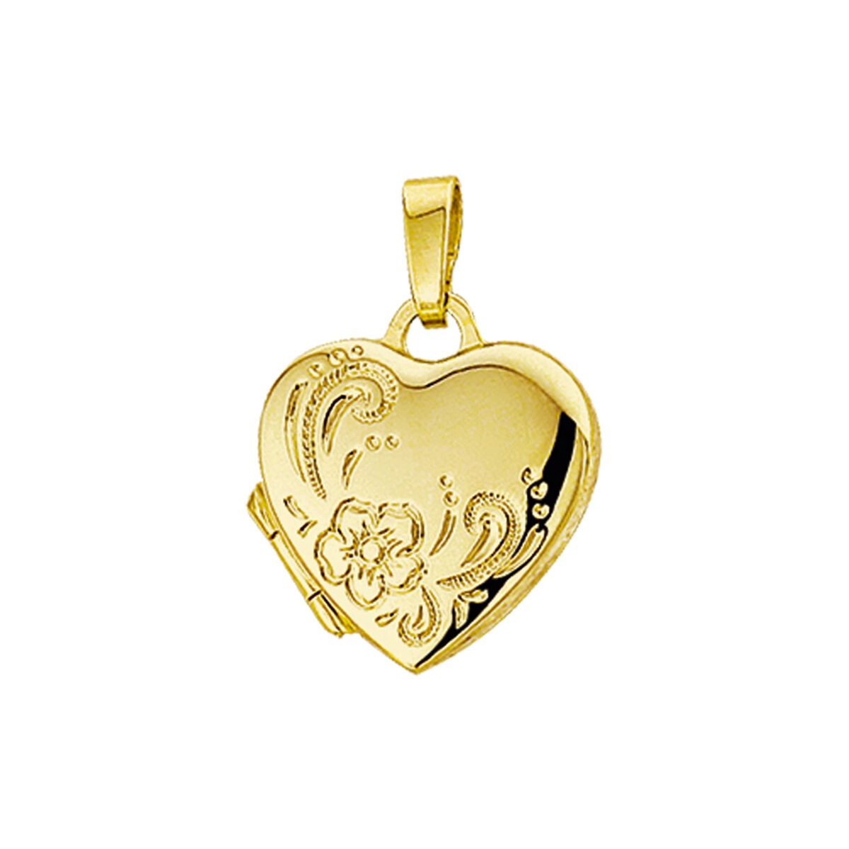 Ciondolo a forma di cuore in oro giallo 14k con incisioni decorative.