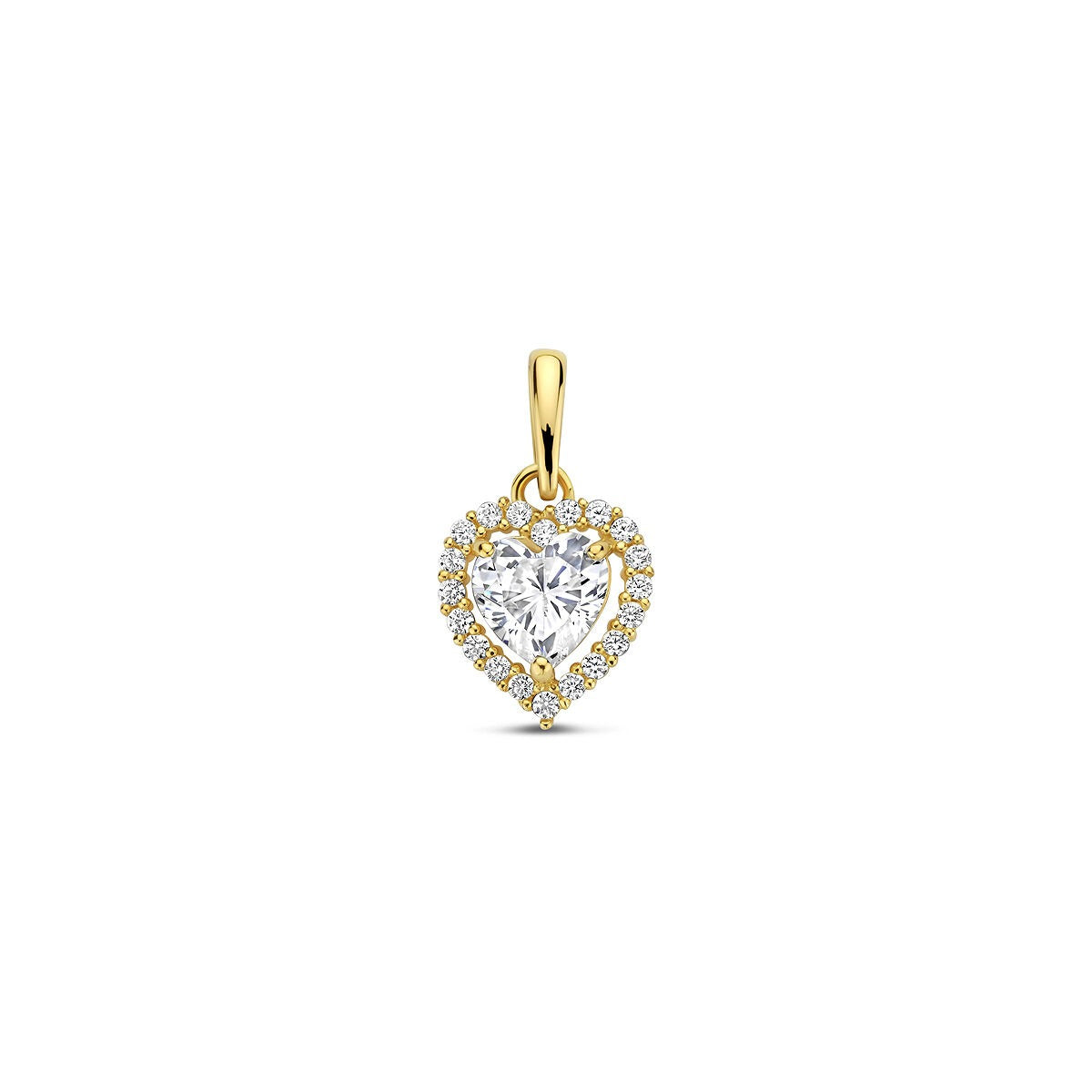 Ciondolo a forma di cuore in oro giallo 14k, decorato con zirconi in incastonatura a entourage.
