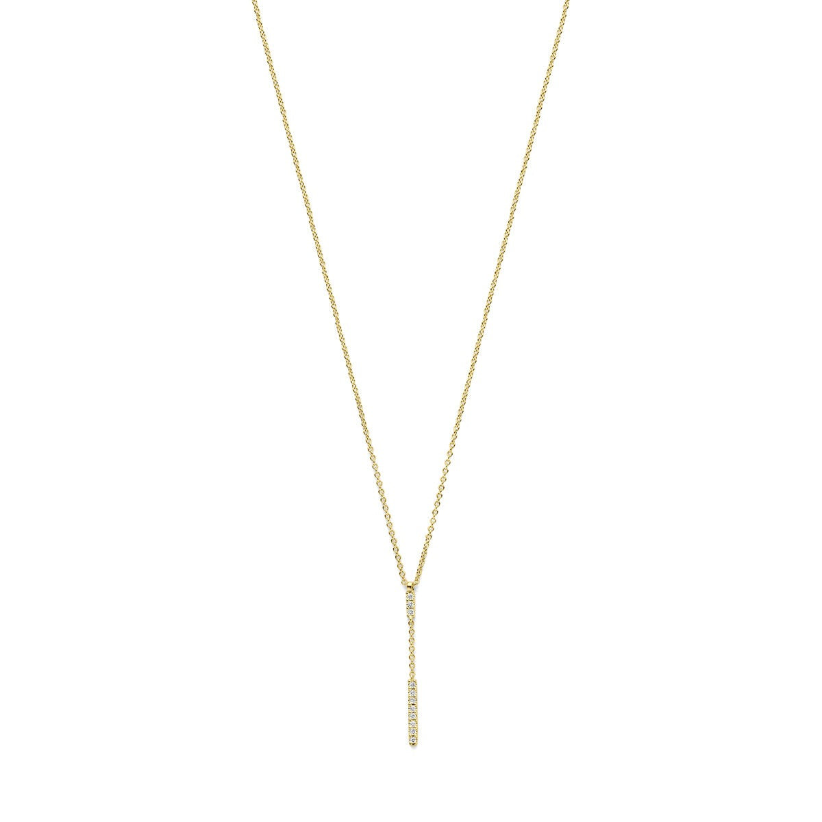 Geelgouden y-collier met een diamant, met een lange, delicate ketting en een hangend detail.