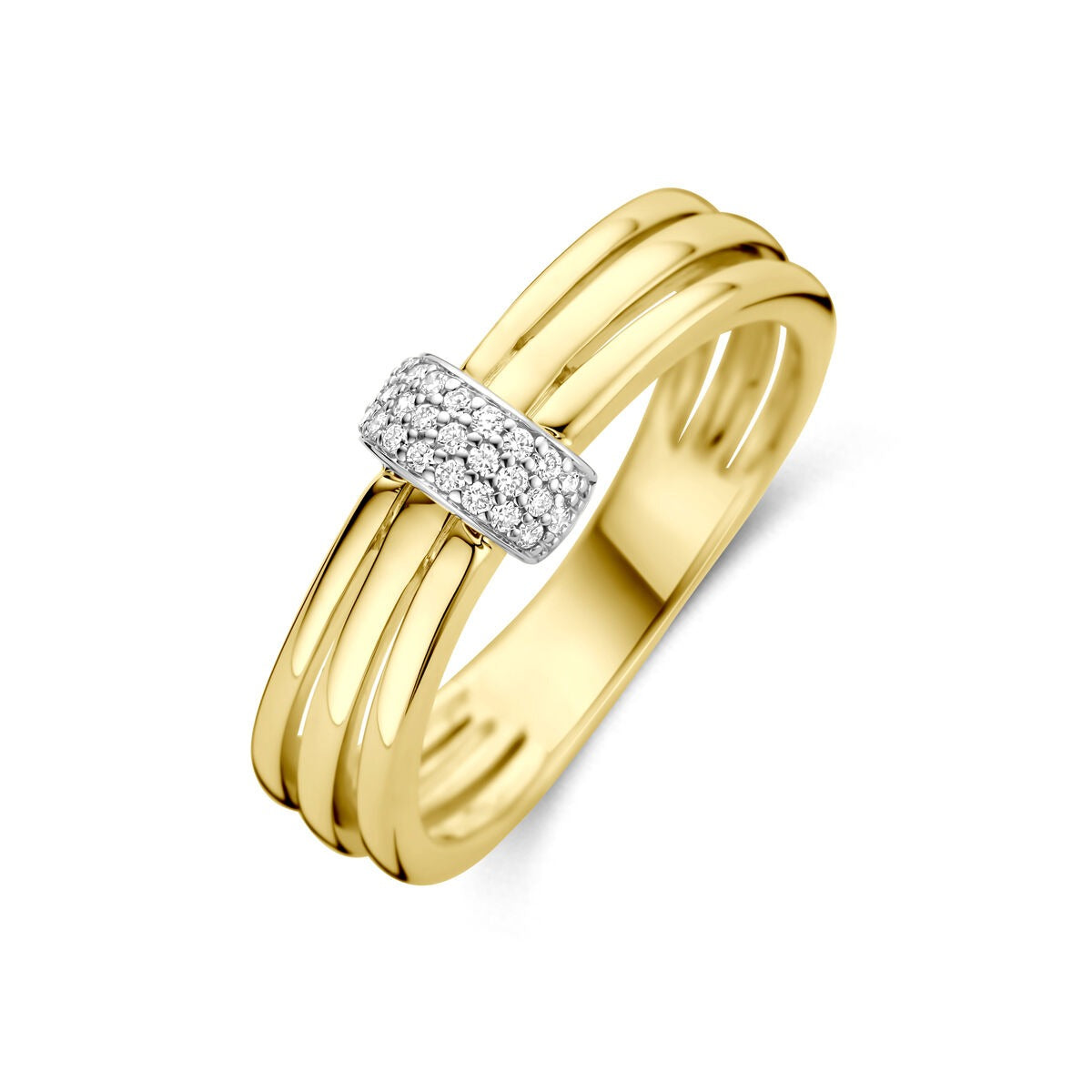 Anello bicolore in oro giallo e bianco 14k, largo 7 mm, con diamanti incastonati.