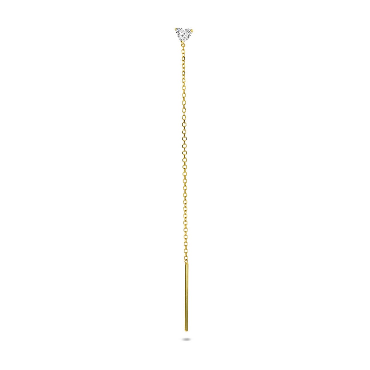 Orecchino pendente in oro giallo 14k con diamante lab-grown, design lungo e sottile.