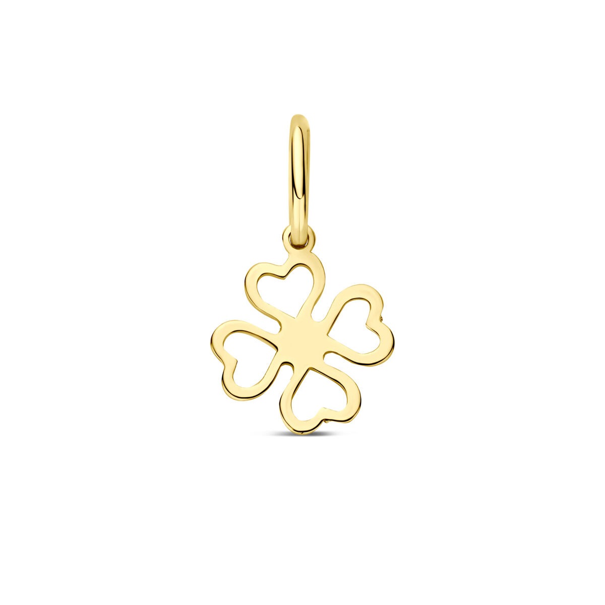 Ciondolo in oro giallo 9k a forma di quadrifoglio con cuori.