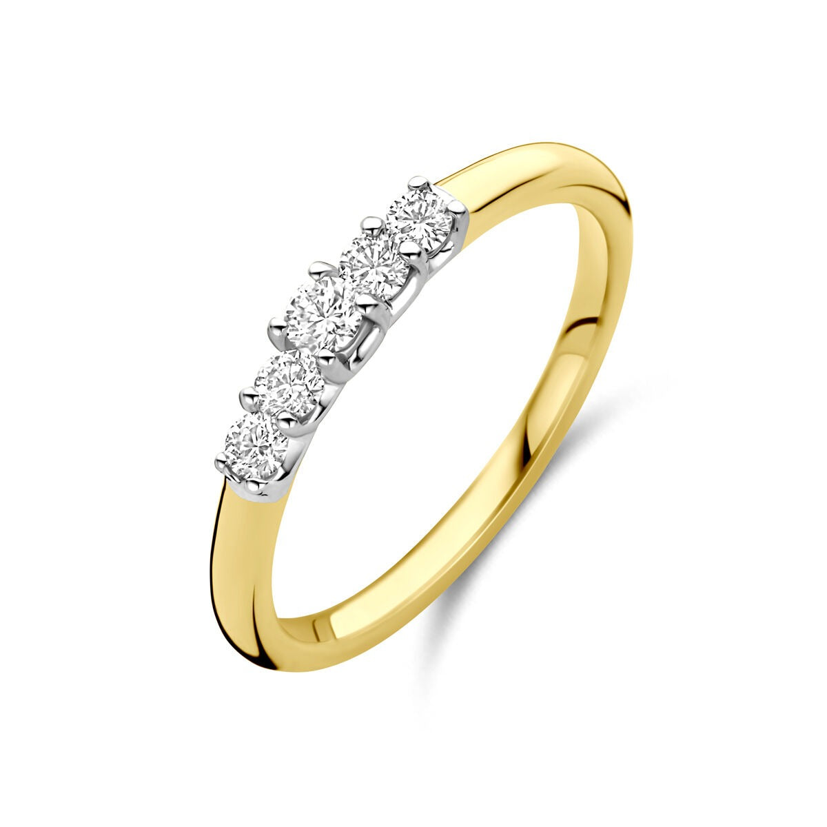 Anello bicolore in oro 14k con cinque diamanti da 0,30 ct.