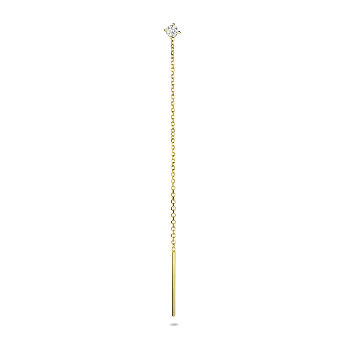 Orecchino pendente in oro giallo 14k con diamante lab-grown, design lungo e sottile.