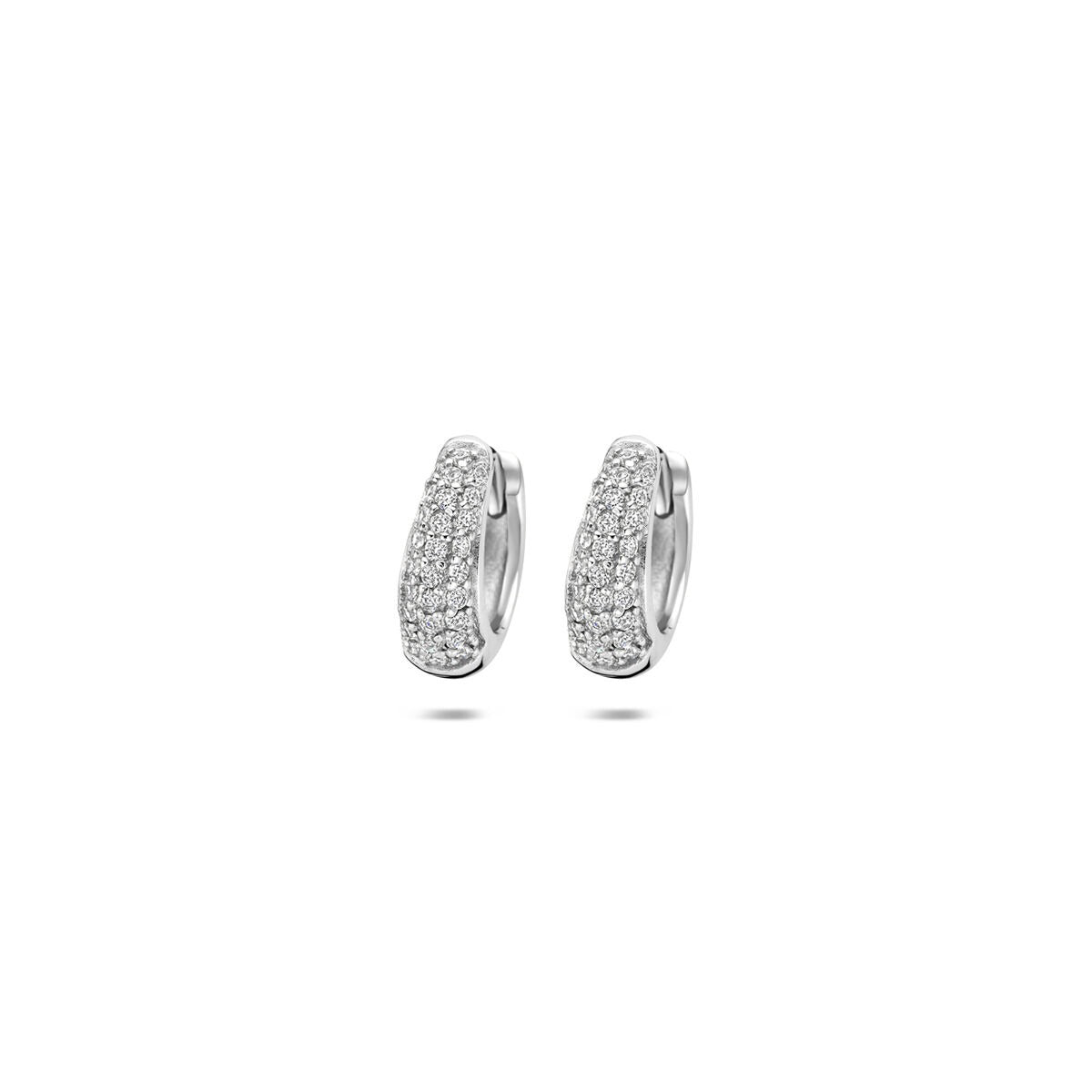 Orecchini in argento 925 rodiato con zircone, forma curva e finitura lucida.