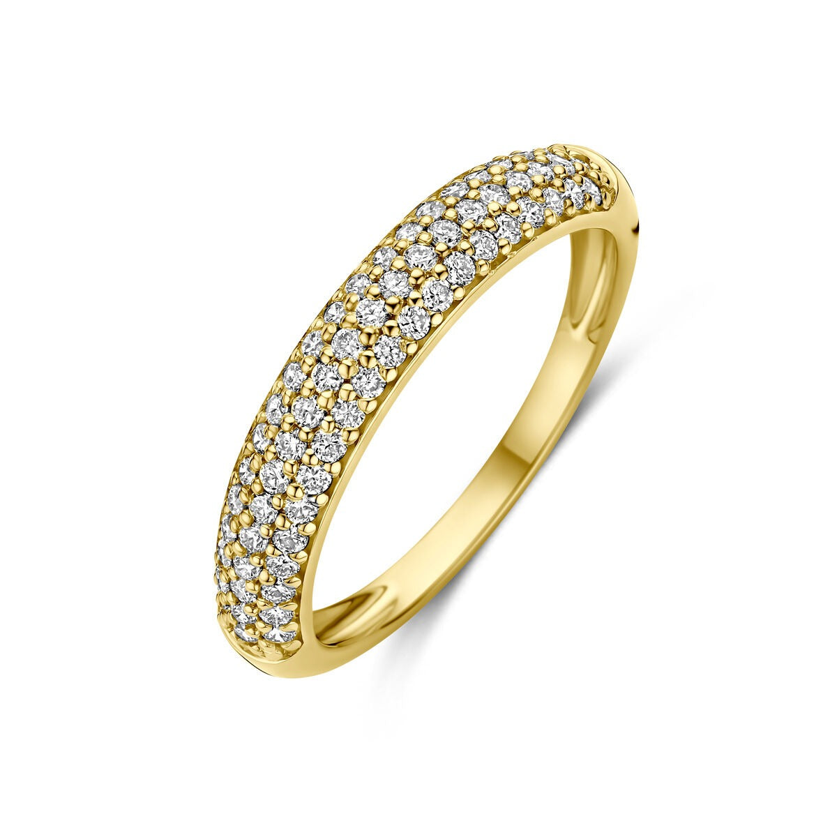 Anello in oro giallo 14k con diamanti lab-grown incastonati in fila.
