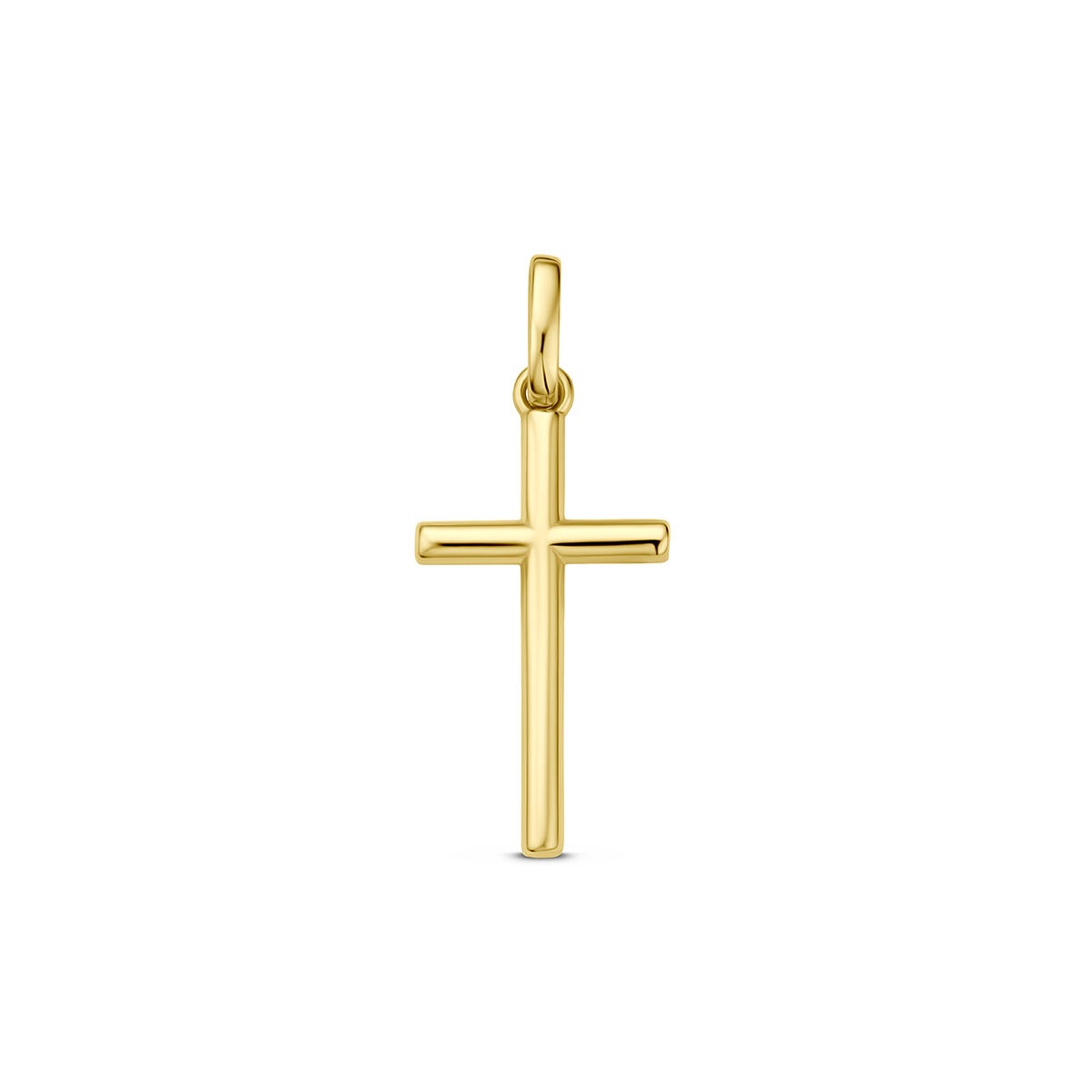 Ciondolo a croce in oro giallo 9 carati, con finitura lucida e design semplice.