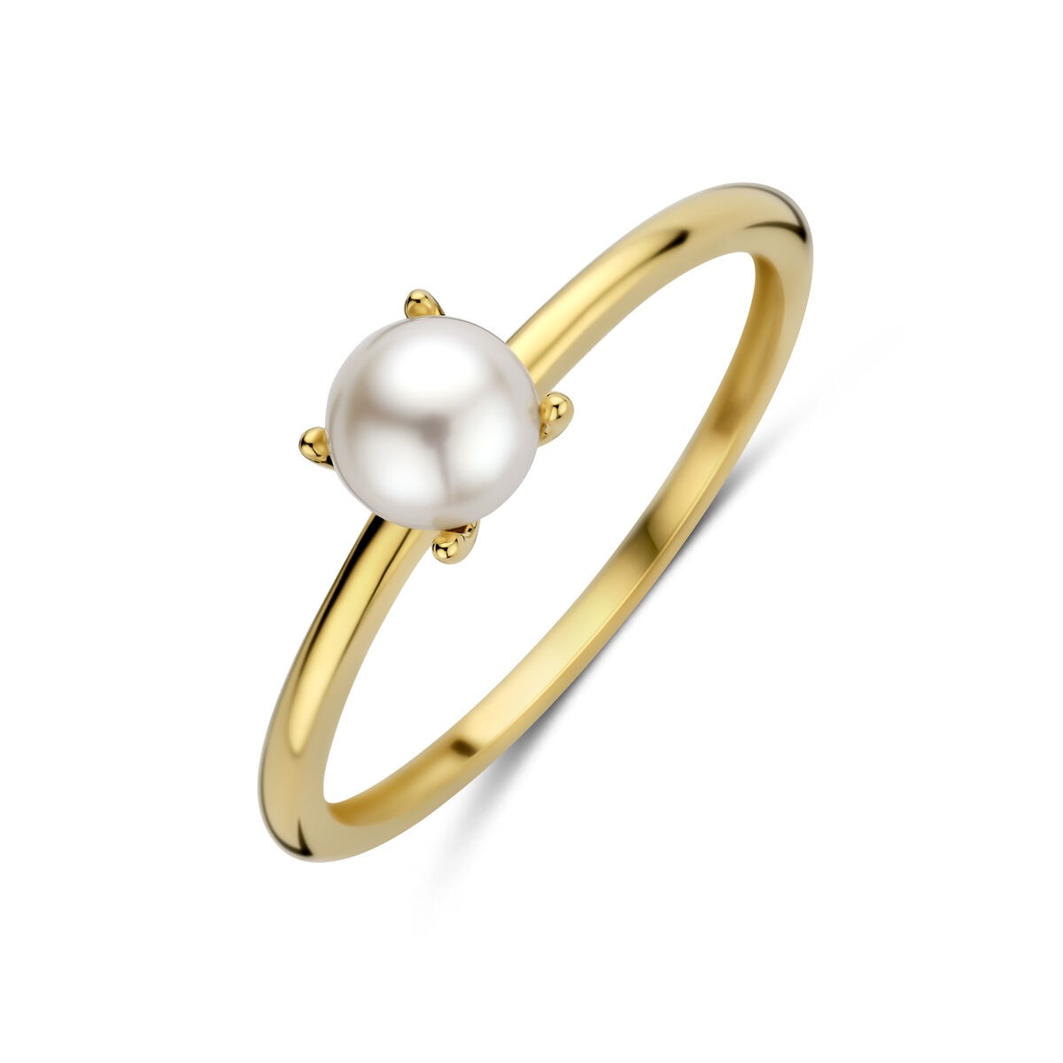 Anello da donna in oro giallo 14k con perla bianca di 5 mm.