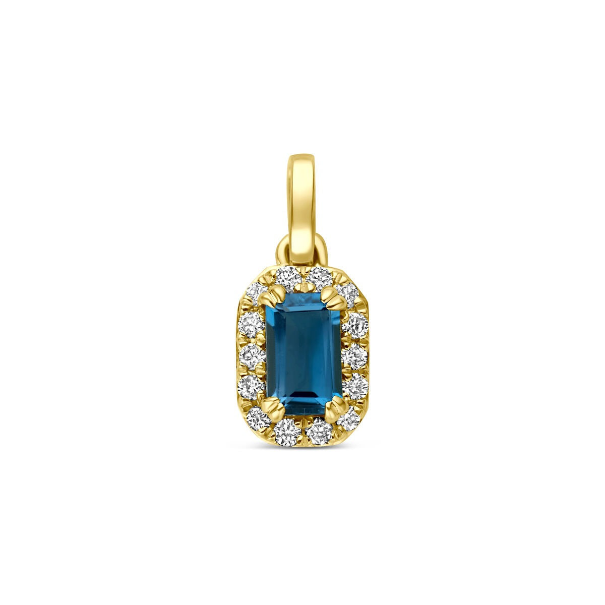 Ciondolo in oro giallo 14k con topazio blu di Londra e diamanti sintetici.