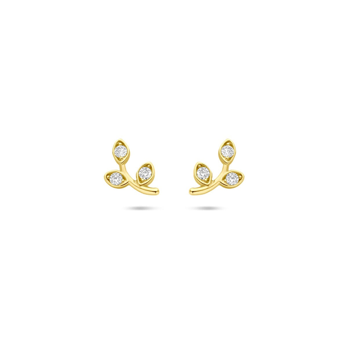 Orecchini in oro giallo 14k con zircone, design a forma di rametto con tre foglie.