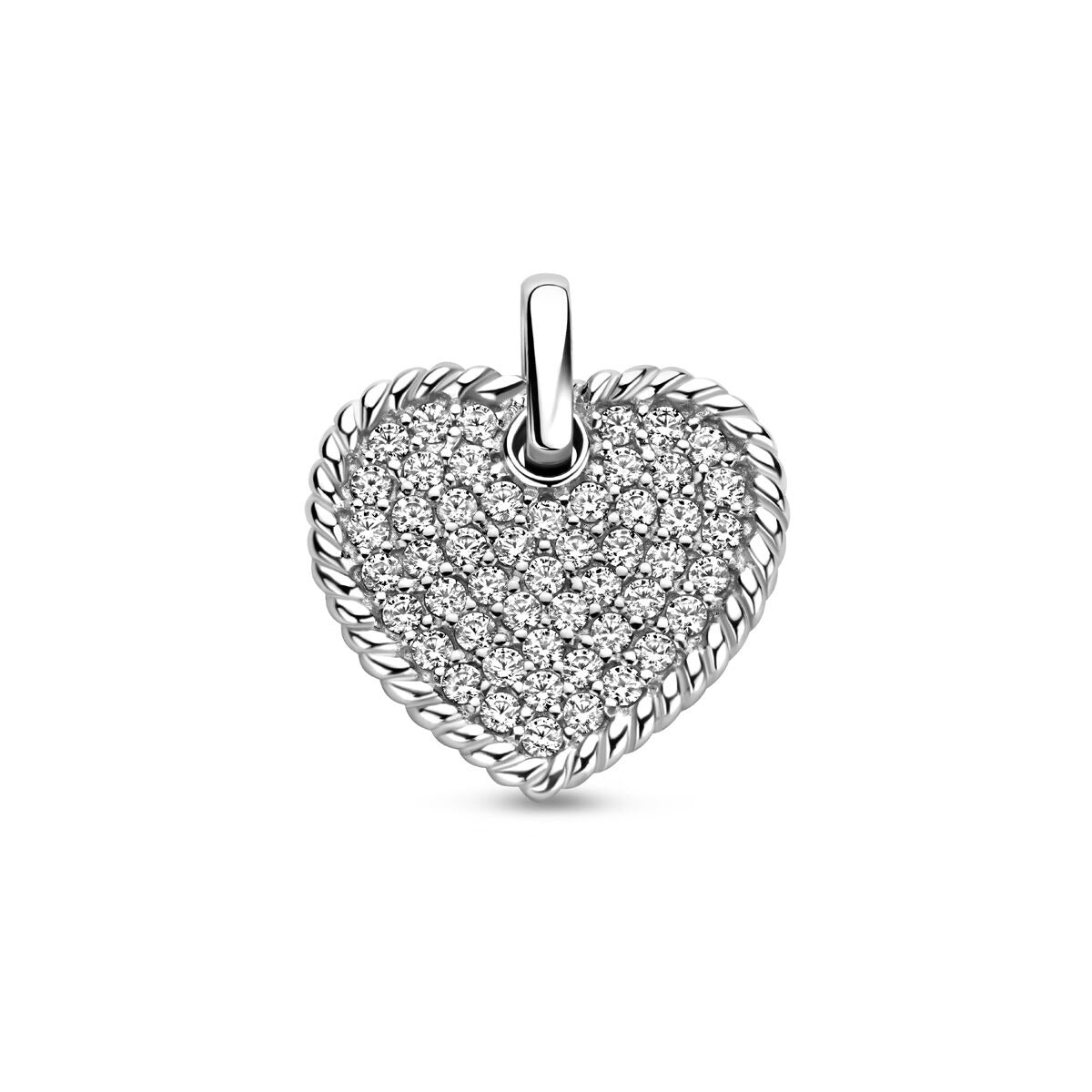 Ciondolo a forma di cuore in argento con zirconi, rifinito con un motivo intrecciato.