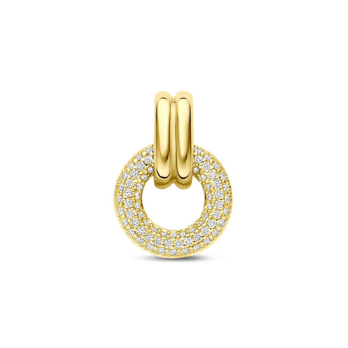 Ciondolo in oro giallo 14k con diamanti, forma circolare con pavé di diamanti.