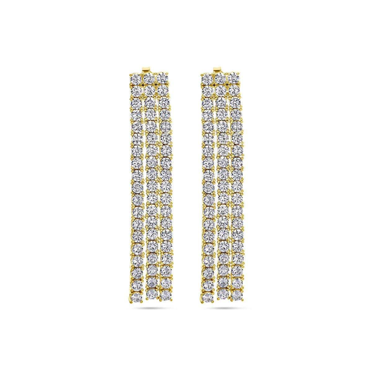 Orecchini pendenti in argento dorato con zircone, lunghi 60 mm, con design a strisce.
