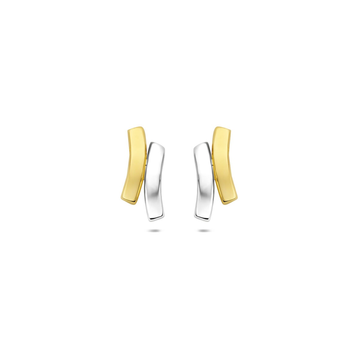 Orecchini in oro bicolore 9k con forme ondulate, una parte gialla e una parte bianca.