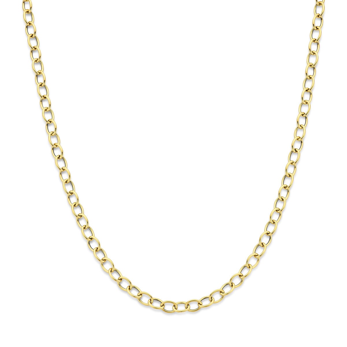 14k geelgouden schakelketting met ankerdesign en ronde schakels.