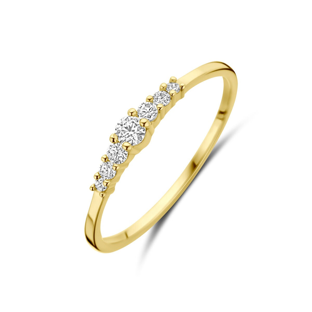 Anello in oro giallo 9k con zircone, design sottile e dettagli luminosi.