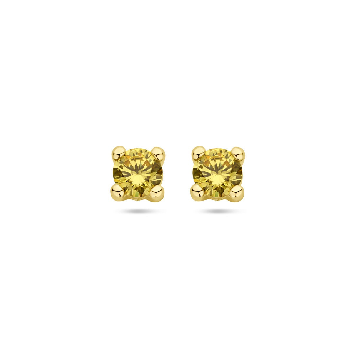 Orecchini in oro giallo 14k con citrino sintetico, forma rotonda e montatura a quattro griffe.