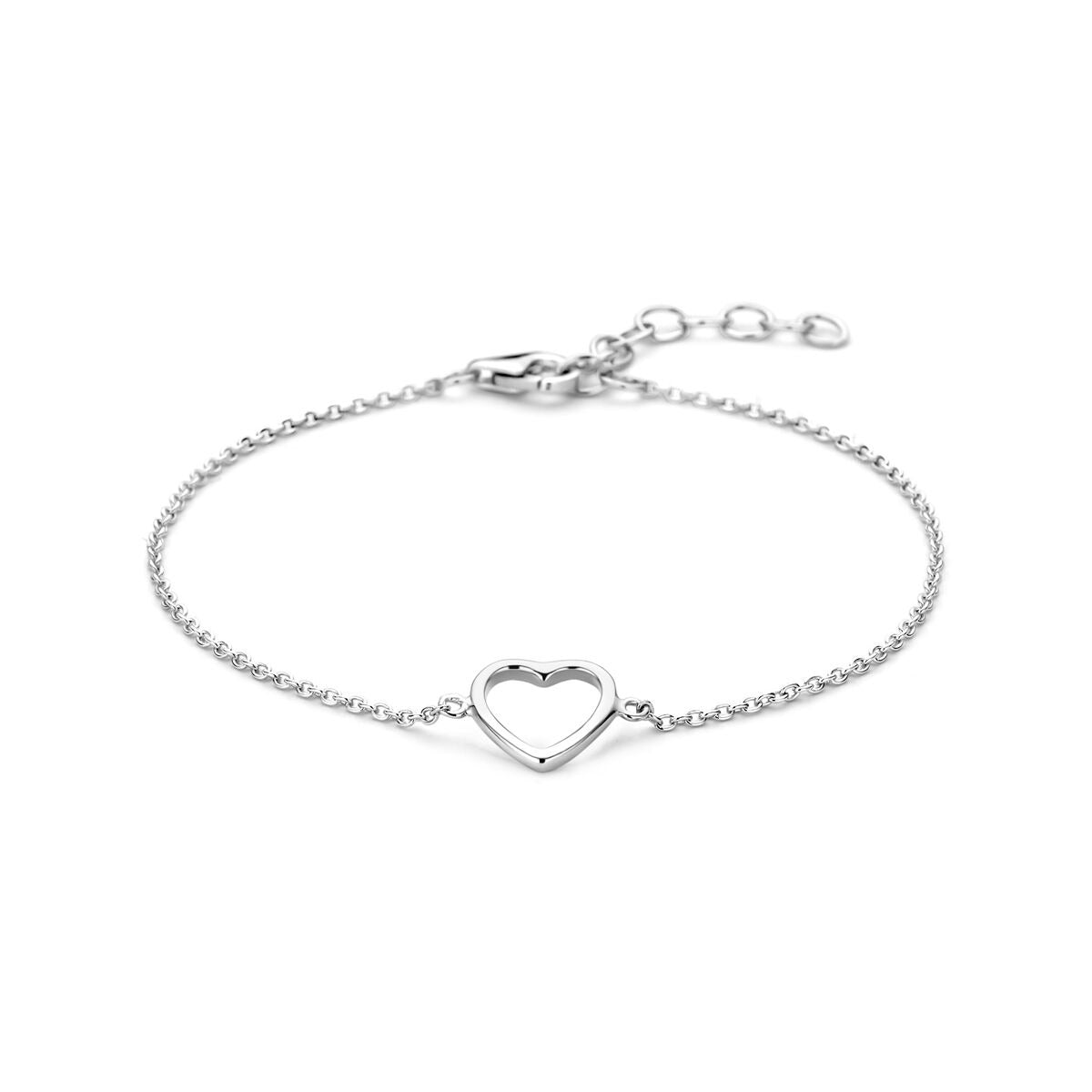 Gerhodineerde zilveren armband met een open hart als opvallend detail en een fijne schakelketting.