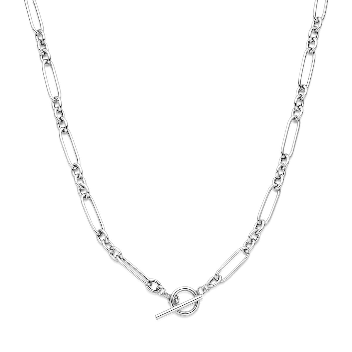 Gerhodineerde zilveren schakelketting met ankerdesign en een sluiting met een ronde ring.