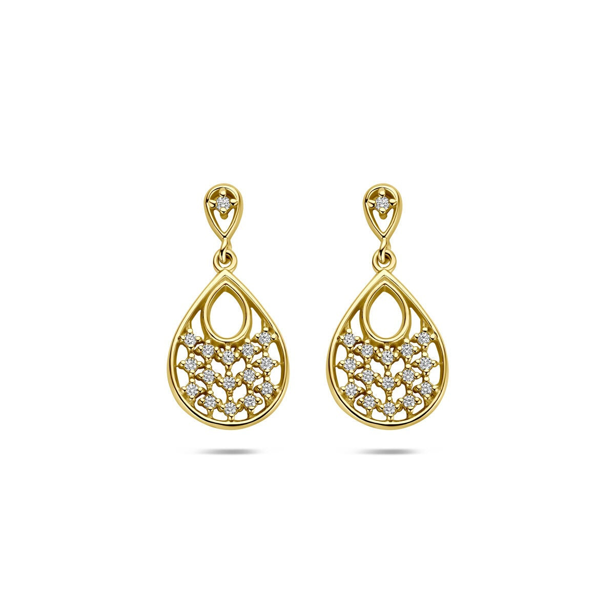 Orecchini in argento dorato con zirconi a forma di goccia.