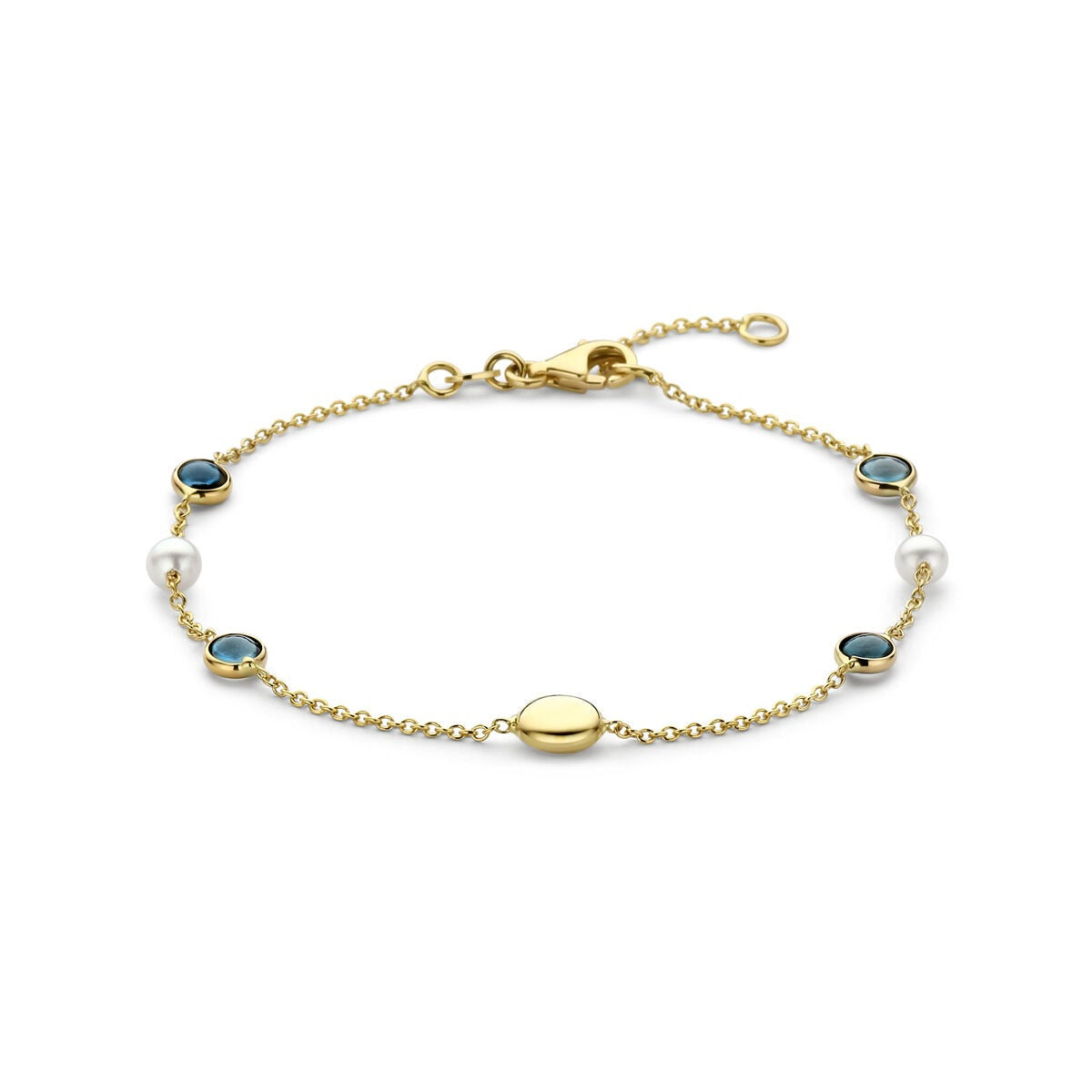 Bracciale in oro giallo 14k con perle e topazi blu di Londra.