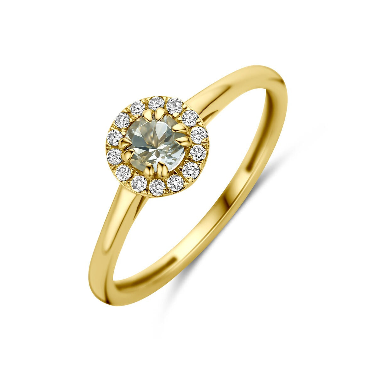 Anello in oro giallo 14k con ametista verde e diamante lab-grown, con un design rotondo e dettagli brillanti.