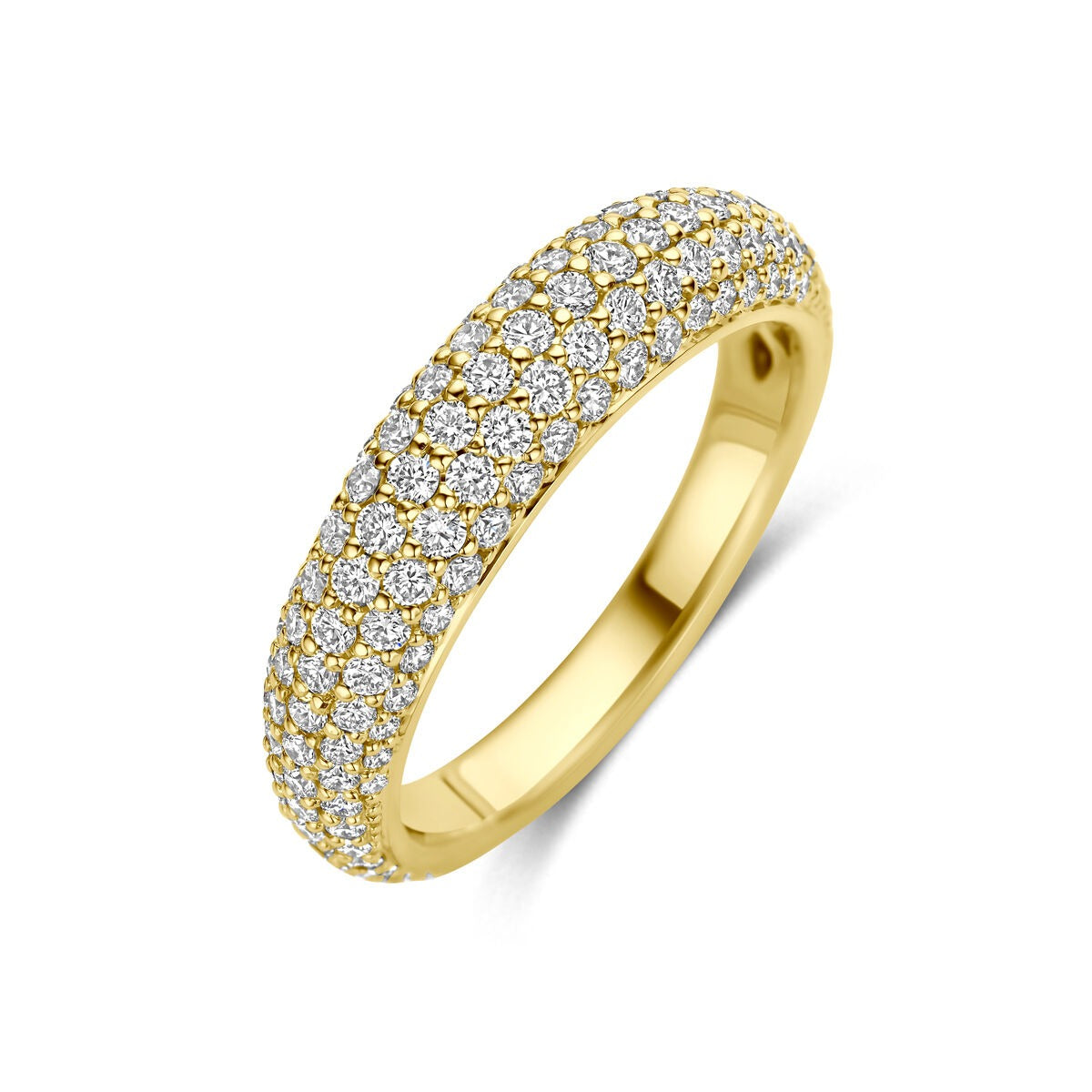 Anello in oro giallo 14k con diamanti incastonati, dalla forma bombata e lucida.