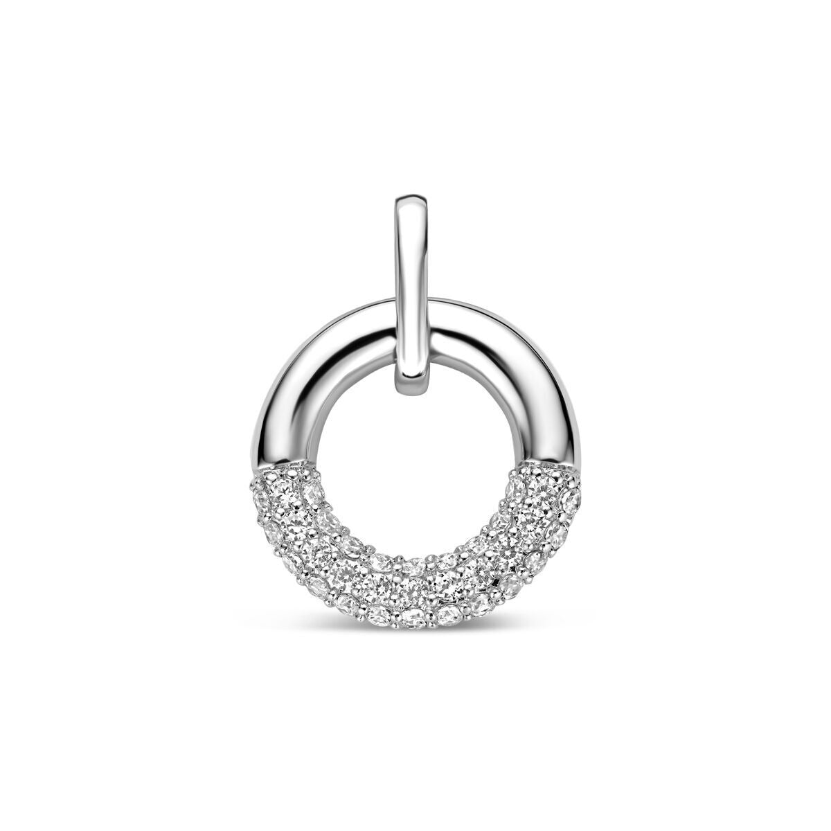 Ciondolo rotondo in argento 925 rodiato con zircone, metà liscia e metà incastonata.