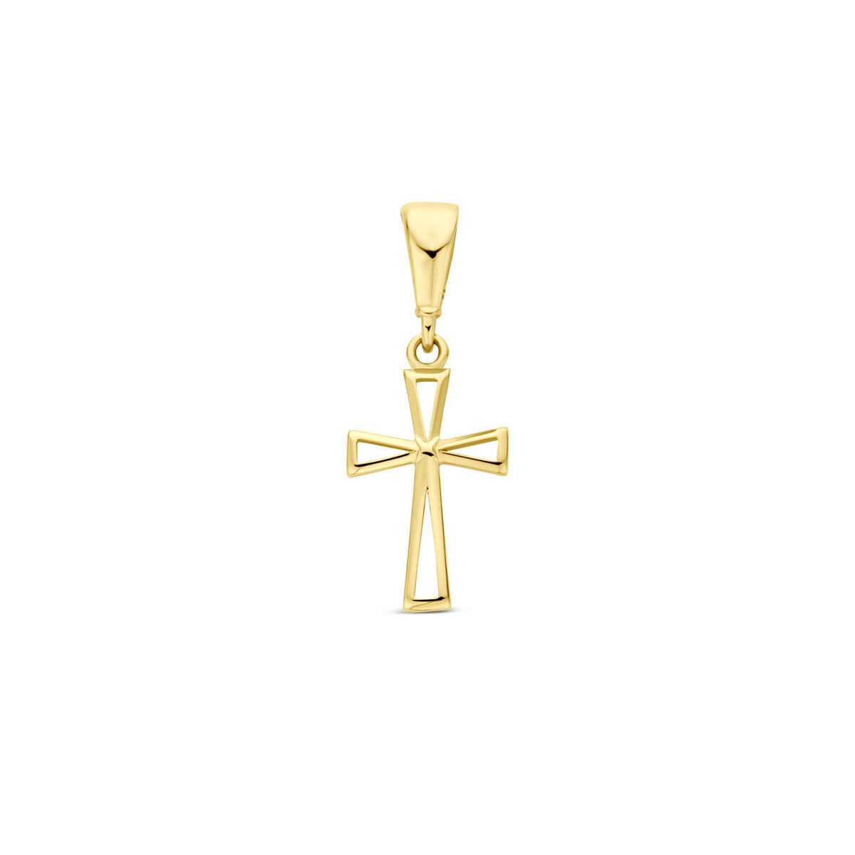 Ciondolo a croce in oro giallo 14k con design geometrico.
