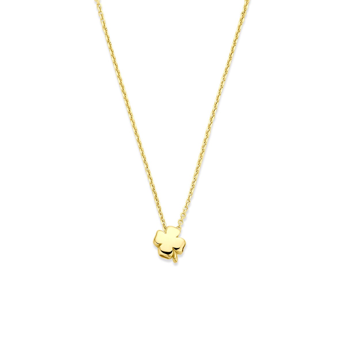 Geelgouden ketting met een klaverhangertje, fijne schakel en glanzende afwerking.