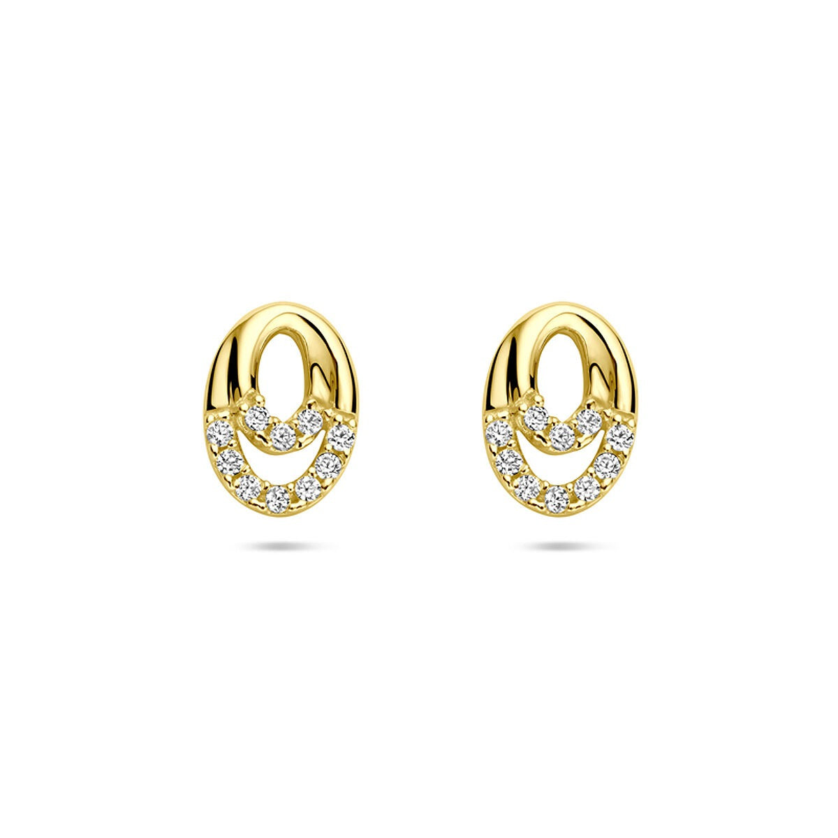 Orecchini in oro 14k con zirconi, design a forma ovale con incastonatura a entourage.