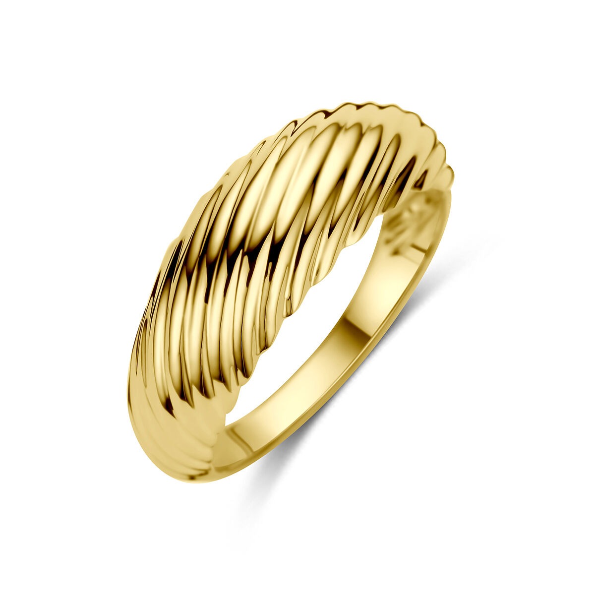 Anello in oro giallo 9k con design intrecciato e finitura lucida.