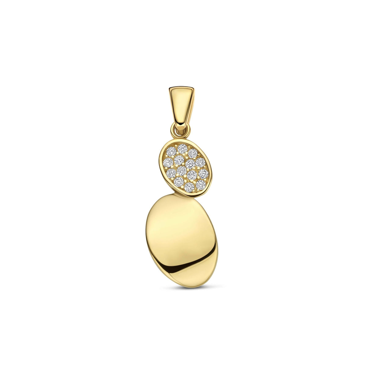 Ciondolo in oro giallo 9k con zircone, composto da due ovali sovrapposti.