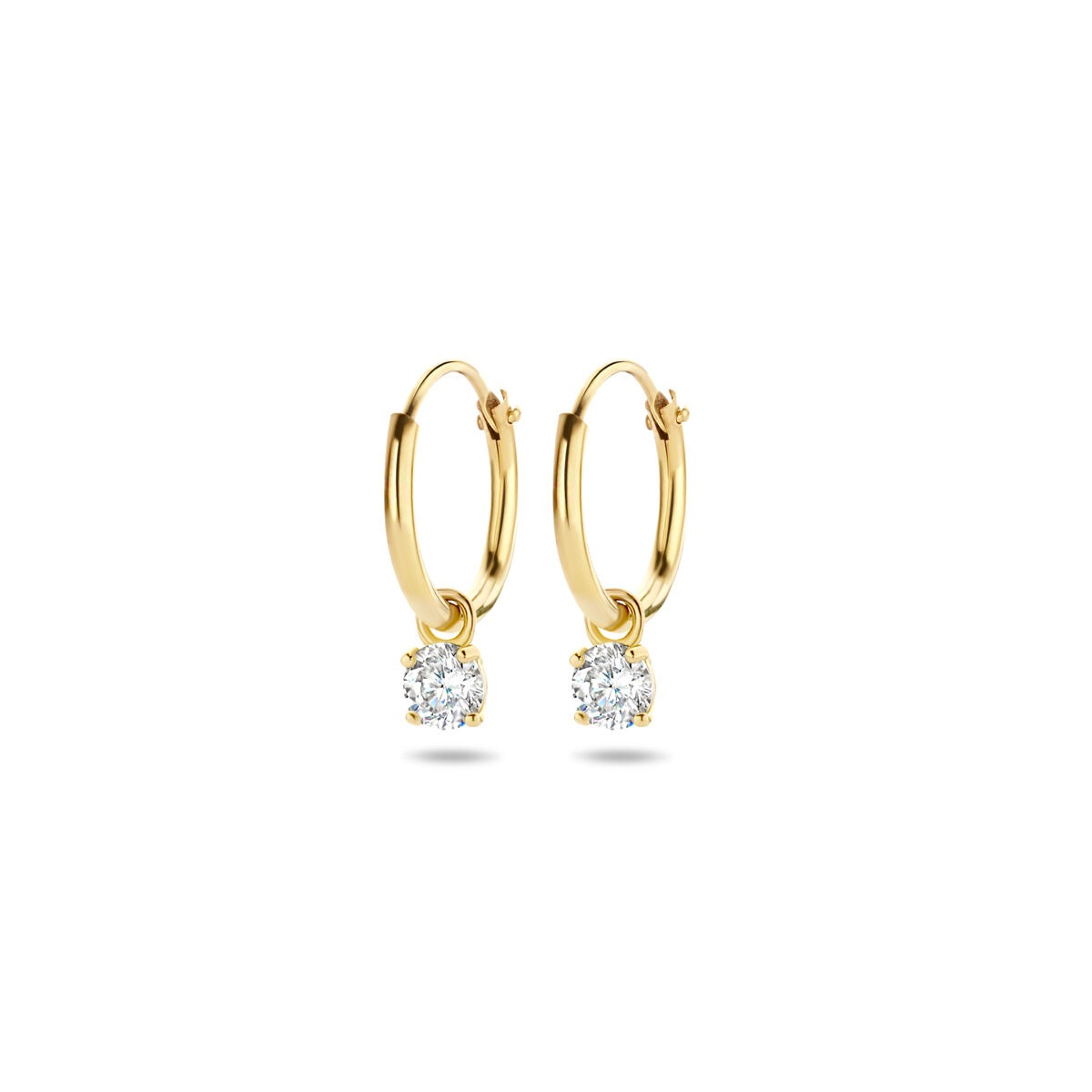 Orecchini alla creola in oro 14k con zircone, montati a chaton.
