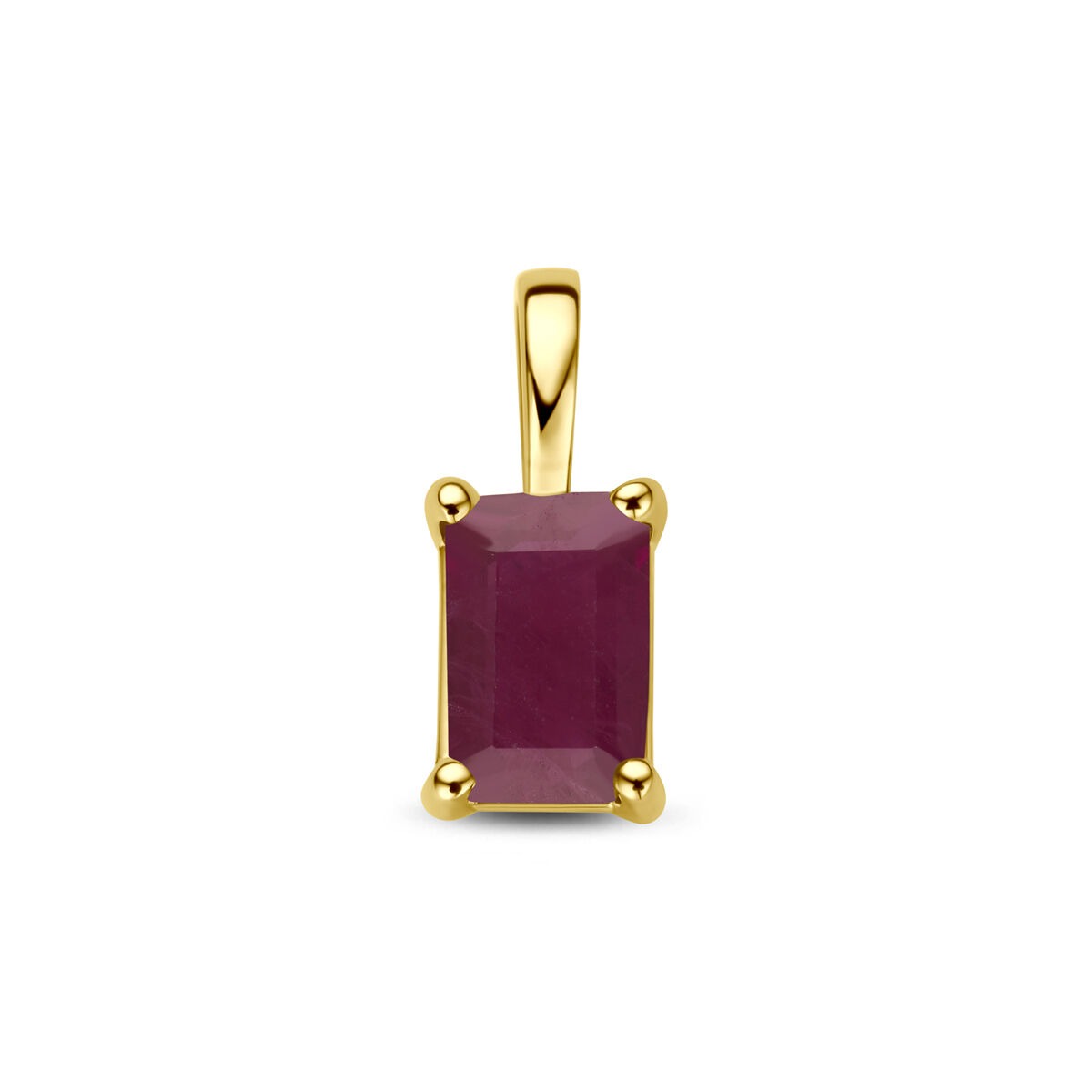 Ciondolo in oro giallo 14k con rubino rettangolare incastonato.