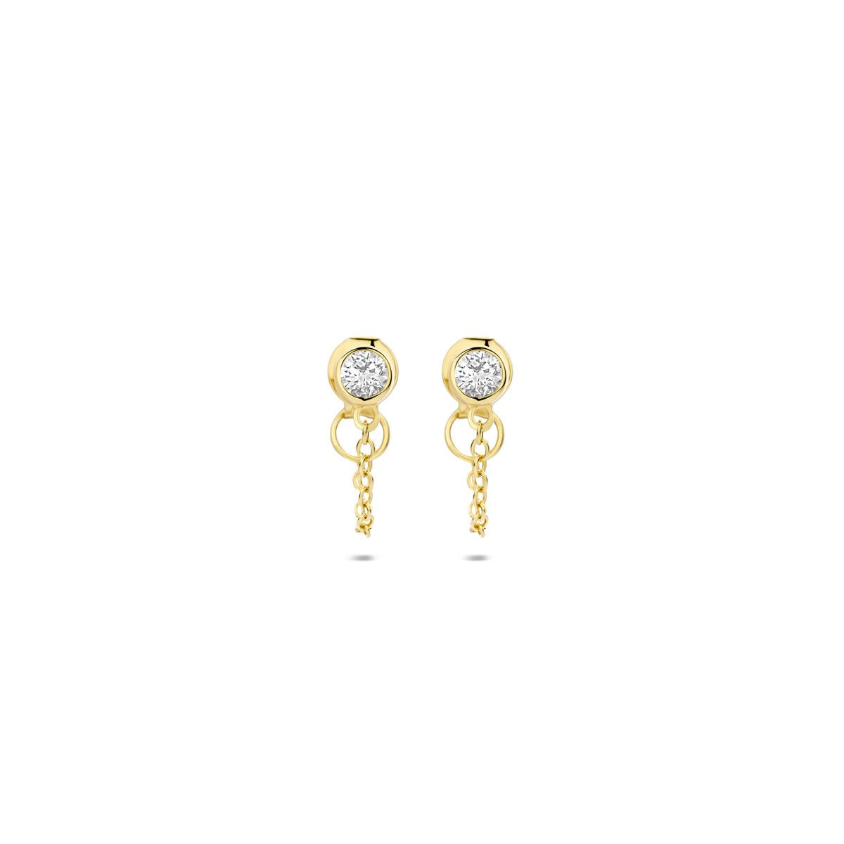 Orecchini in argento 925 placcato oro con zirconi, design a cerchio con catena pendente.