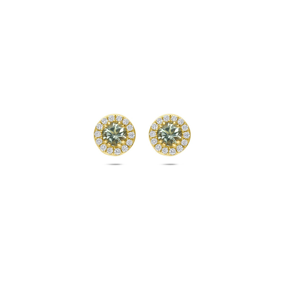 Orecchini in oro giallo 14k con ametista verde e diamanti sintetici, forma rotonda.