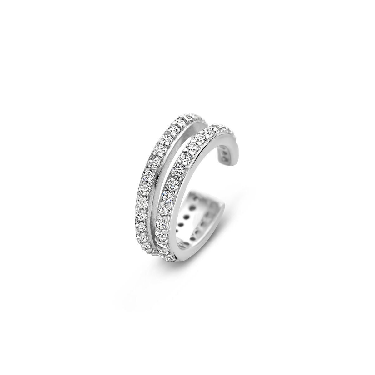 Ear cuff in argento rodiato 925 con zircone, design a doppia fascia.