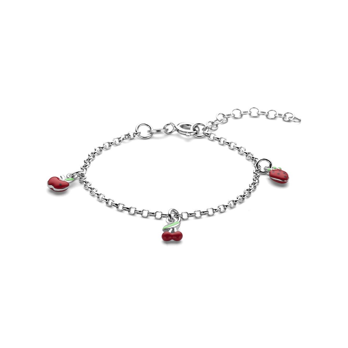 Zilveren kinderarmband van gerhodineerd 925 zilver met drie kleurrijke fruitbedels.