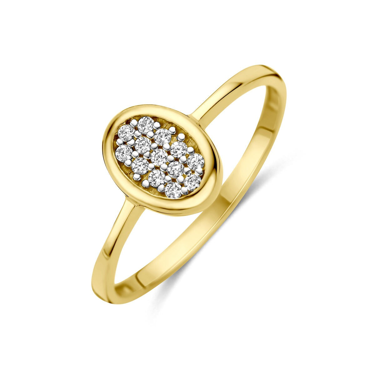 Anello in oro giallo 14k con zircone ovale incastonata in pavé.
