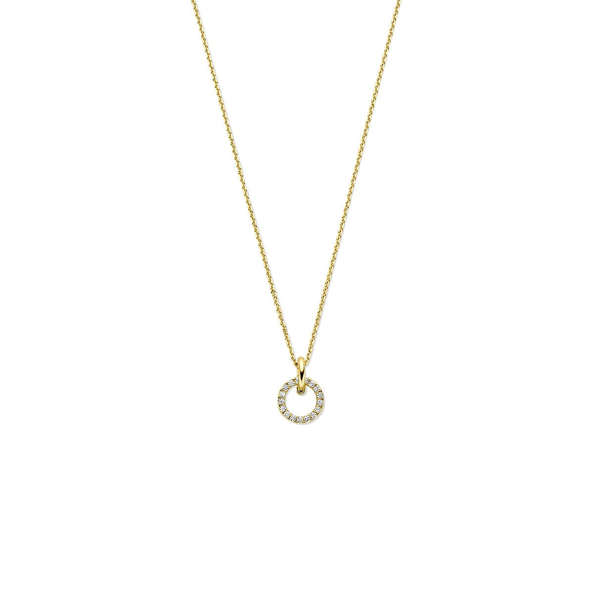 Collana in oro 14k con zirconi in incastonatura pavé, pendente a forma di cerchio.