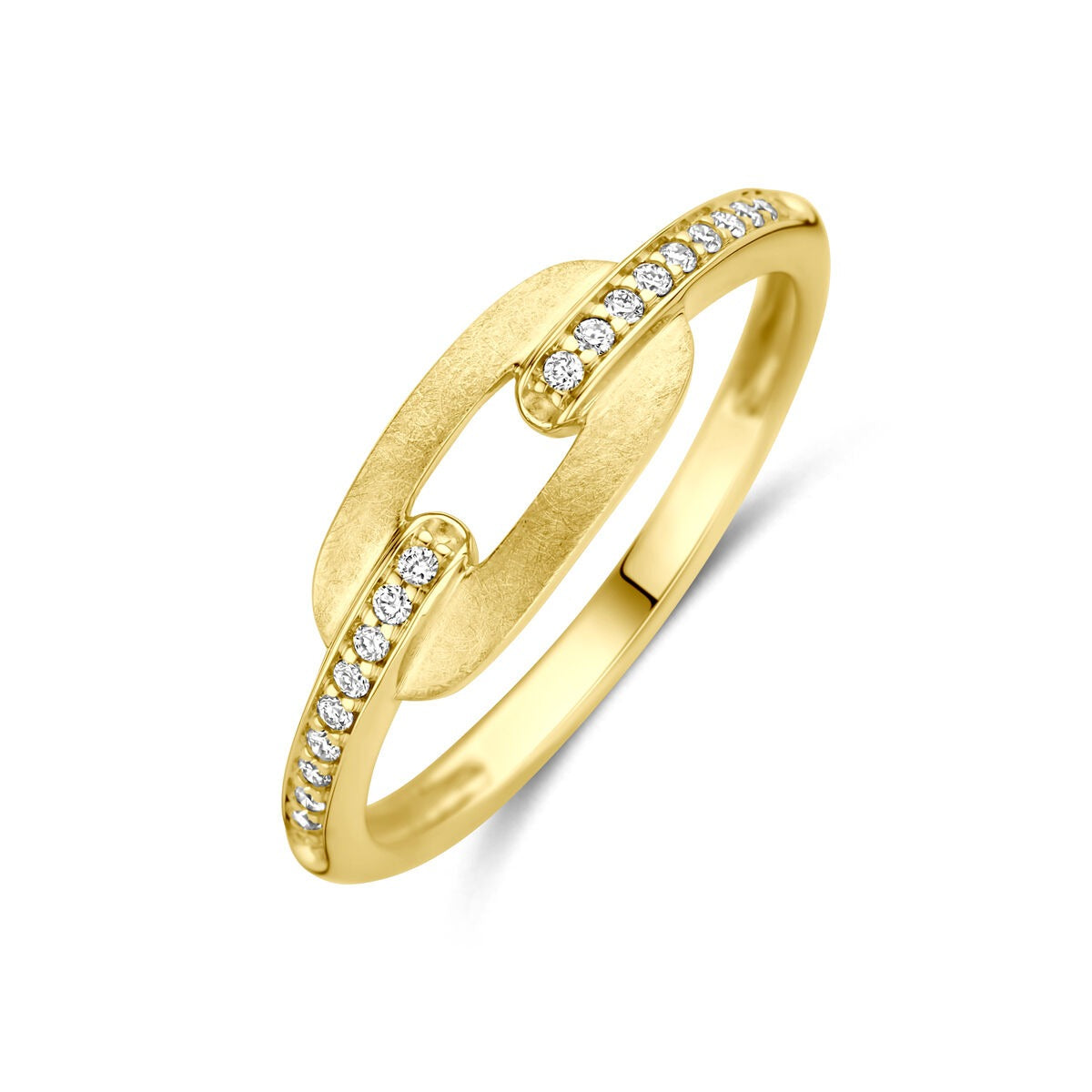 Anello in oro giallo 14k con diamanti da 0,08 ct, finitura opaca e design a catena.