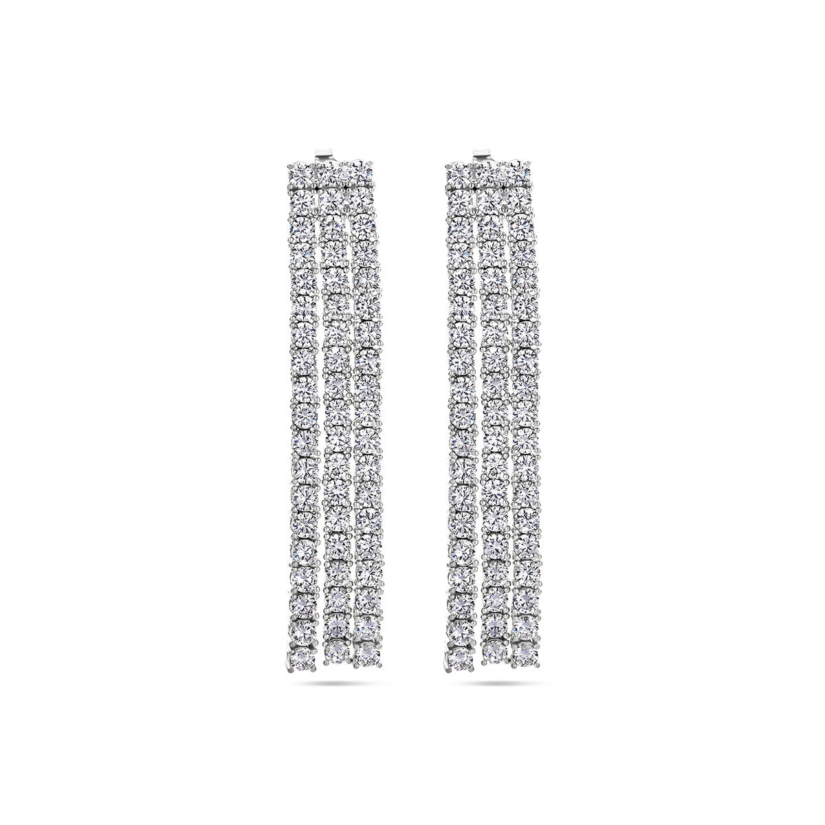 Orecchini da donna in argento rodiato con zircone, lunghi 60 mm, a forma di striscia.
