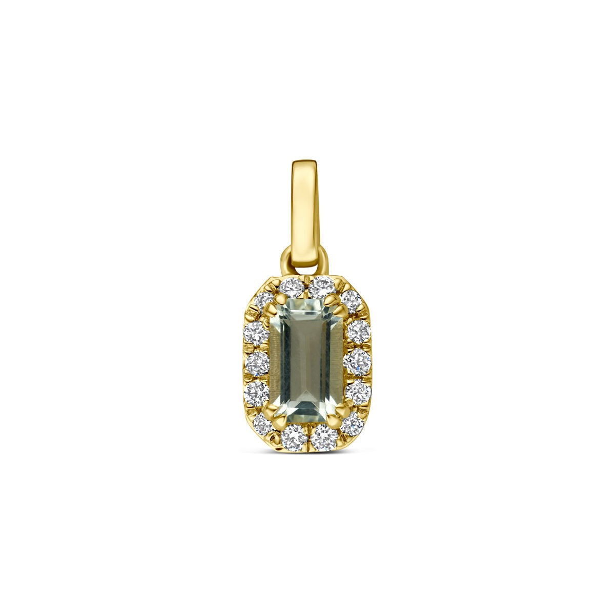 Pendente in oro giallo 14k con ametista verde e diamanti sintetici.