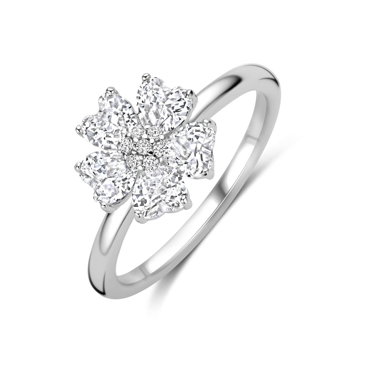 Anello in argento rodiato con zircone a forma di cuore, misura 10 x 10,5 mm.