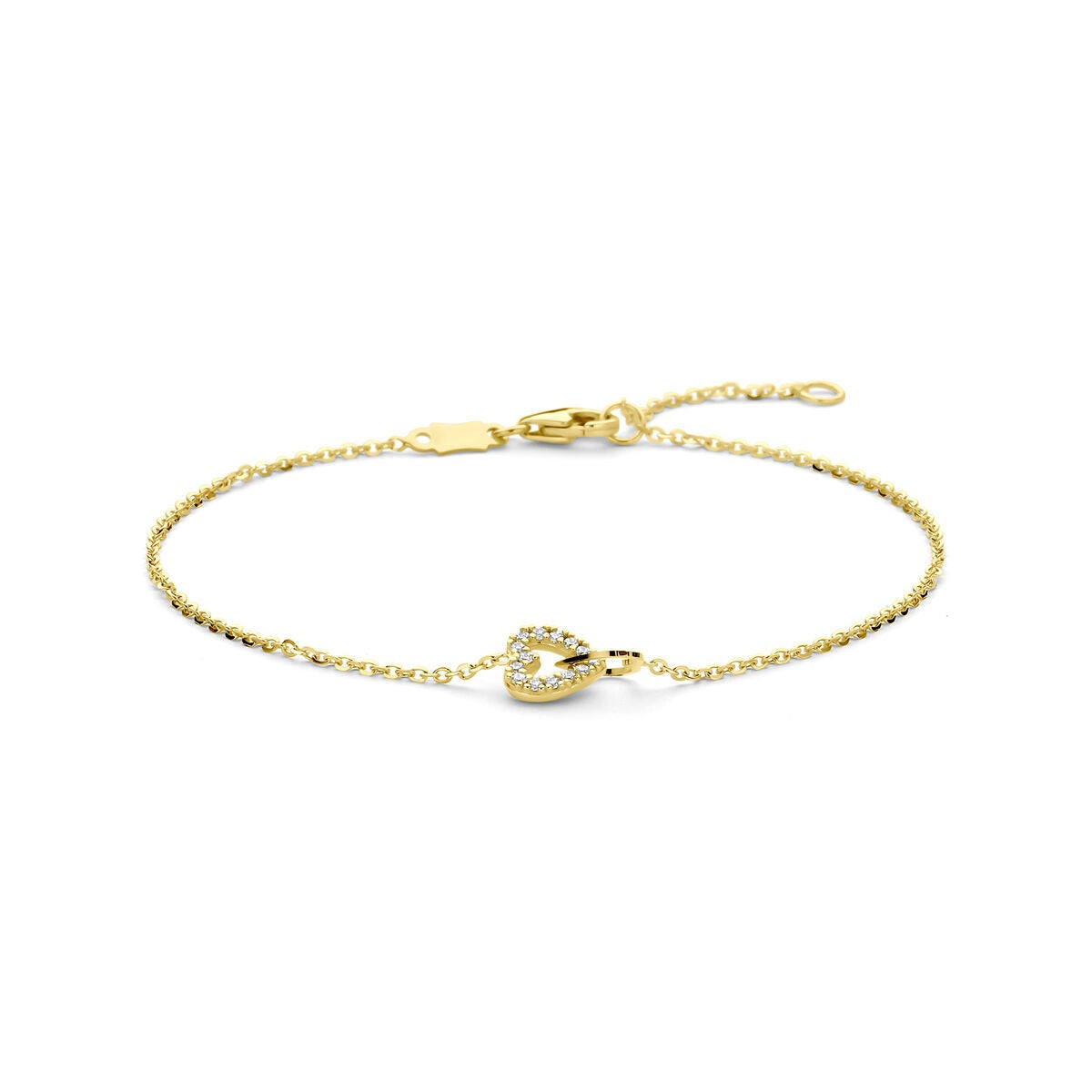 Bracciale in oro giallo 14k con ciondolo a forma di cuore e zirconi.